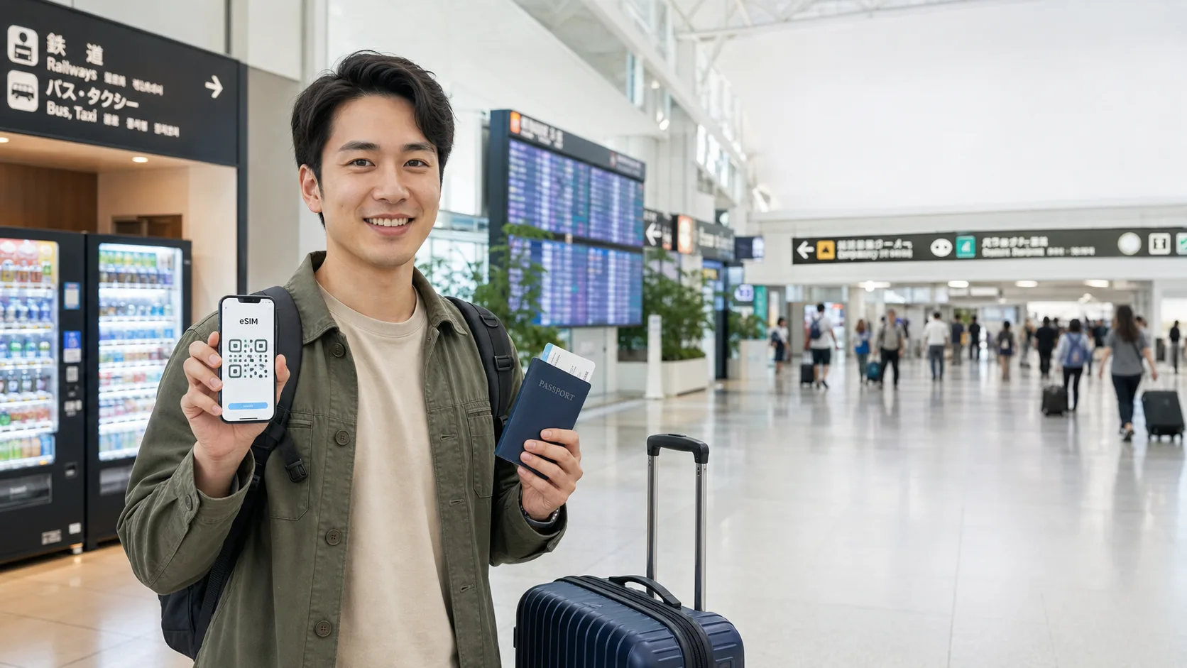 Traveler checking an eSIM setup screen at a Japan airport arrivals concourse