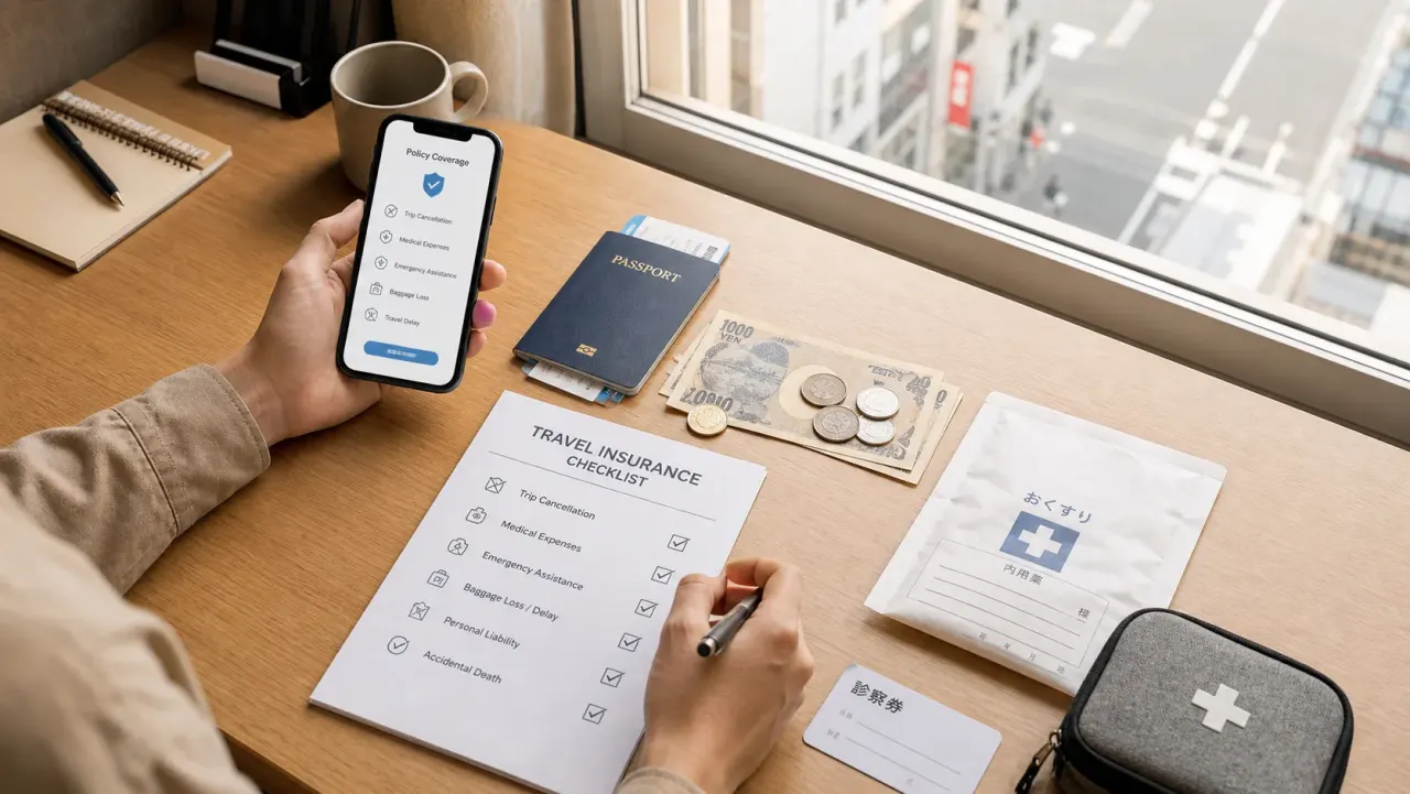 Traveler comparing a Japan travel insurance checklist, passport, yen, and phone policy screen at a hotel desk