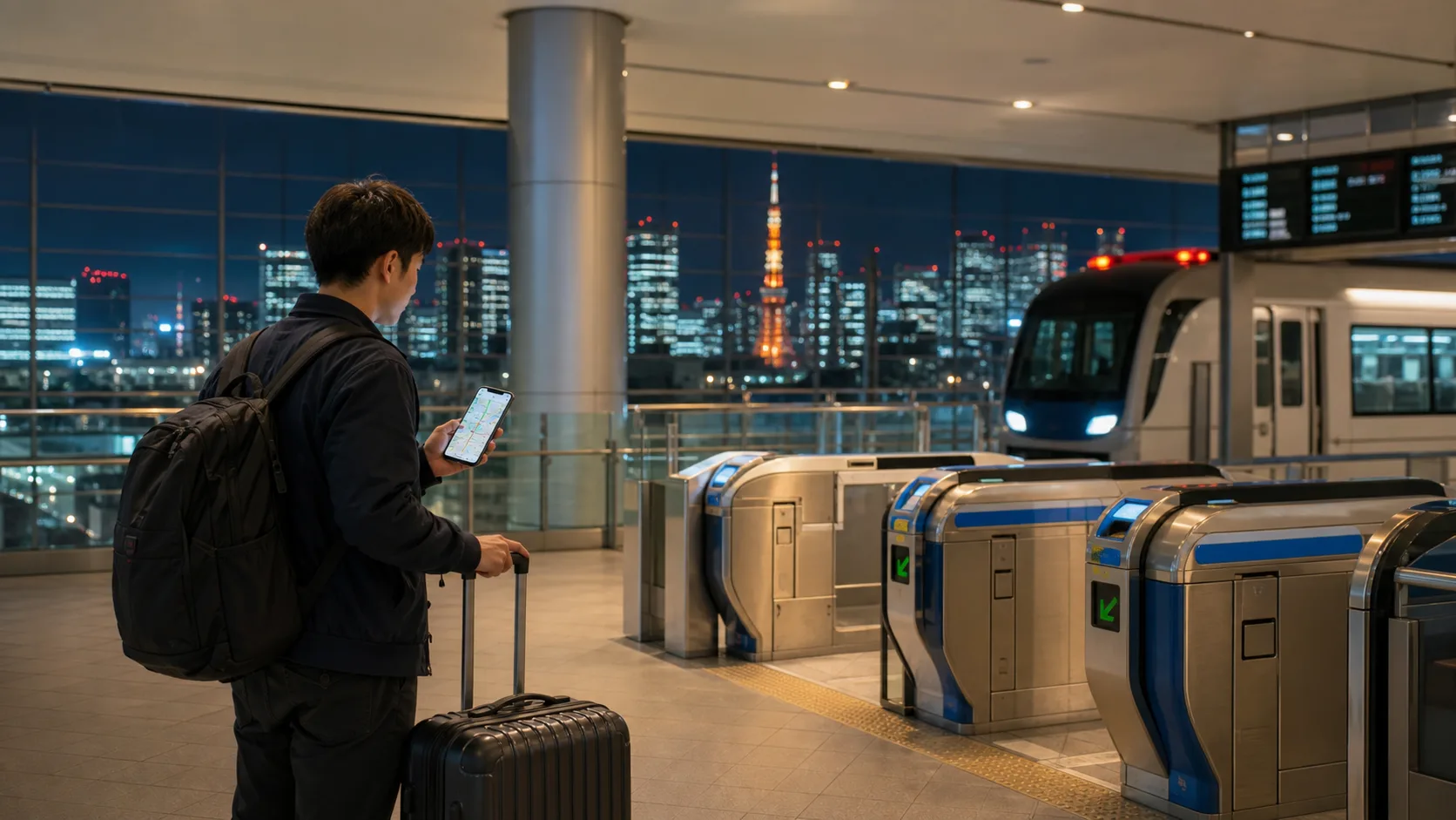 Traveler checking a Tokyo night route beside Haneda Airport rail gates