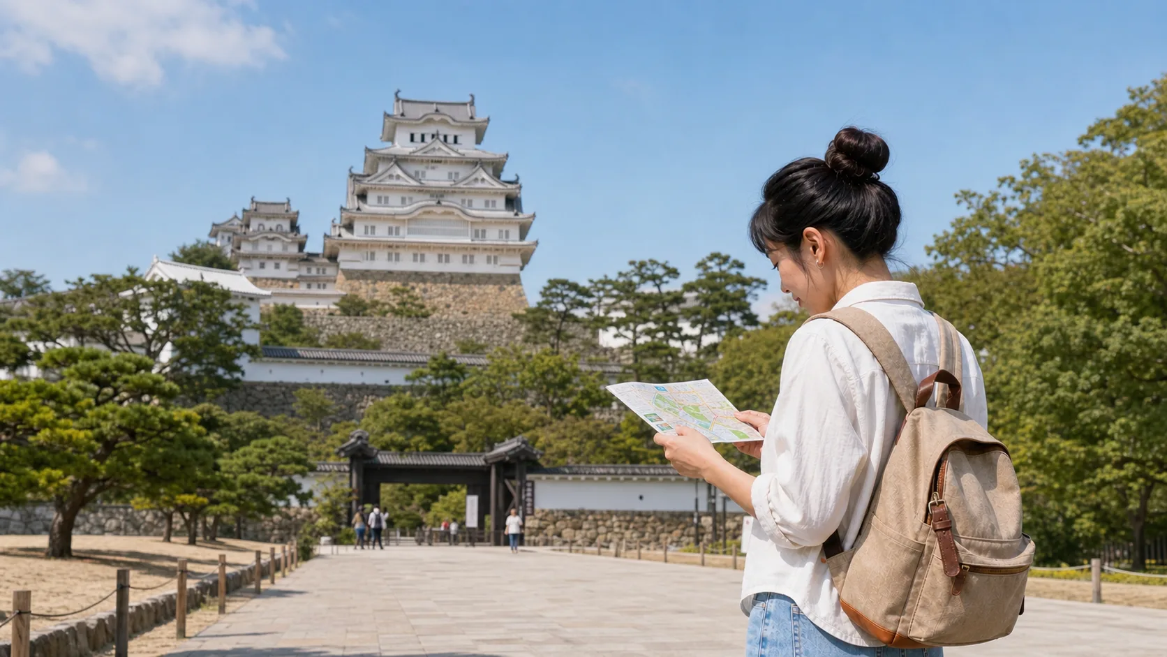 Traveler checking a map near Himeji Castle on a sunny day