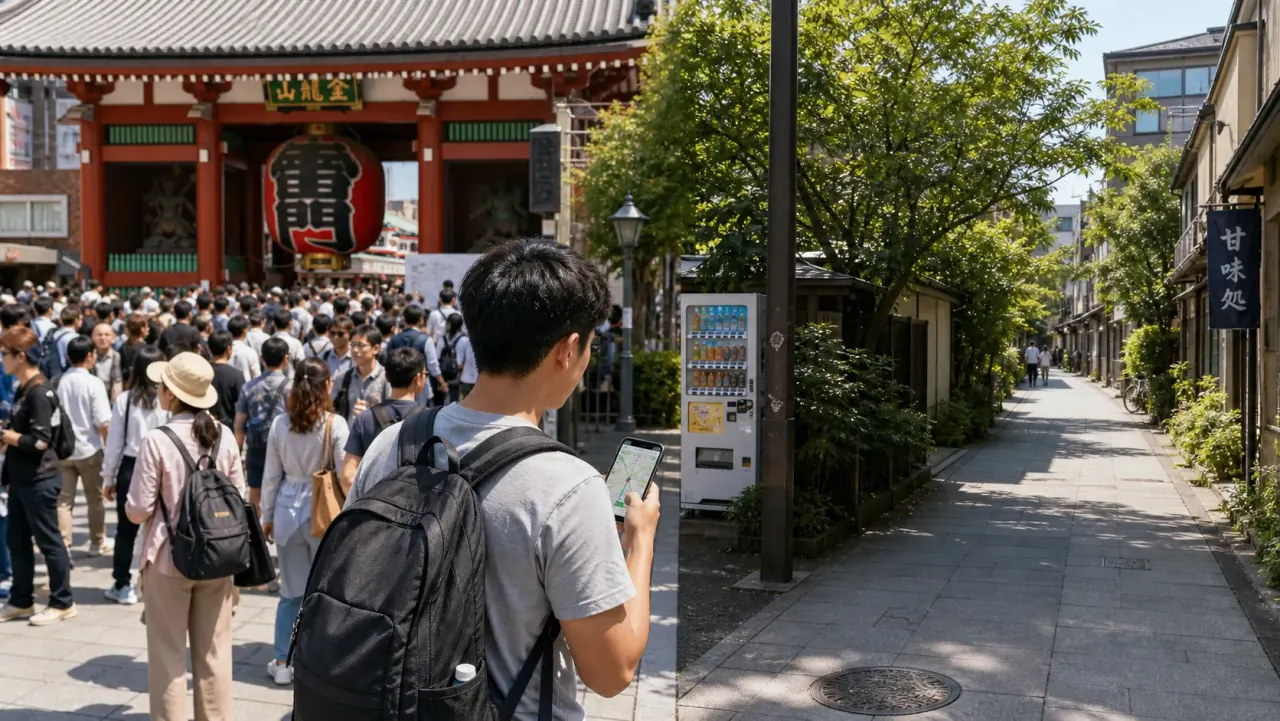 Traveler choosing a quieter side street beside a crowded Tokyo temple approach