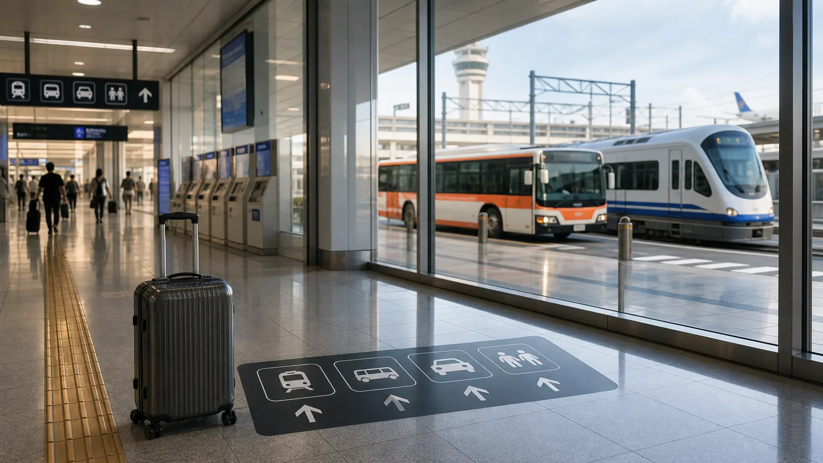 Traveler in a Japan airport comparing train, bus, taxi, and luggage delivery options