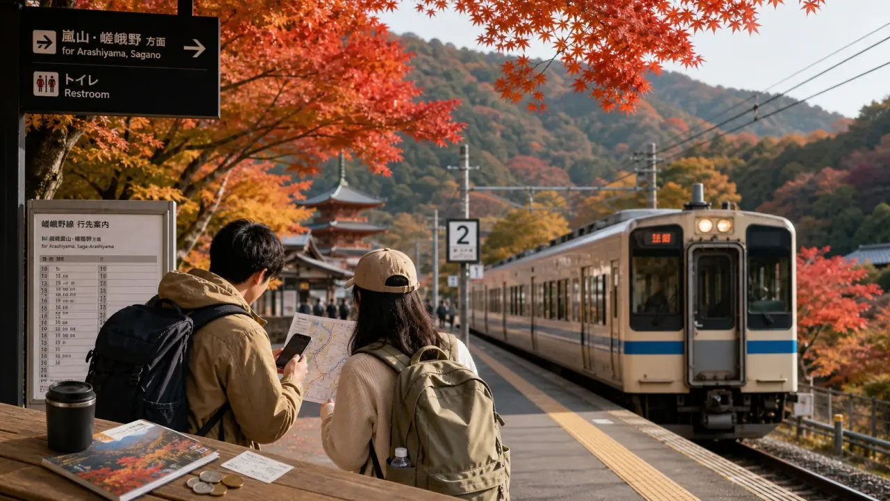 Budget travelers planning a Japan autumn foliage route beside a train platform and maple leaves