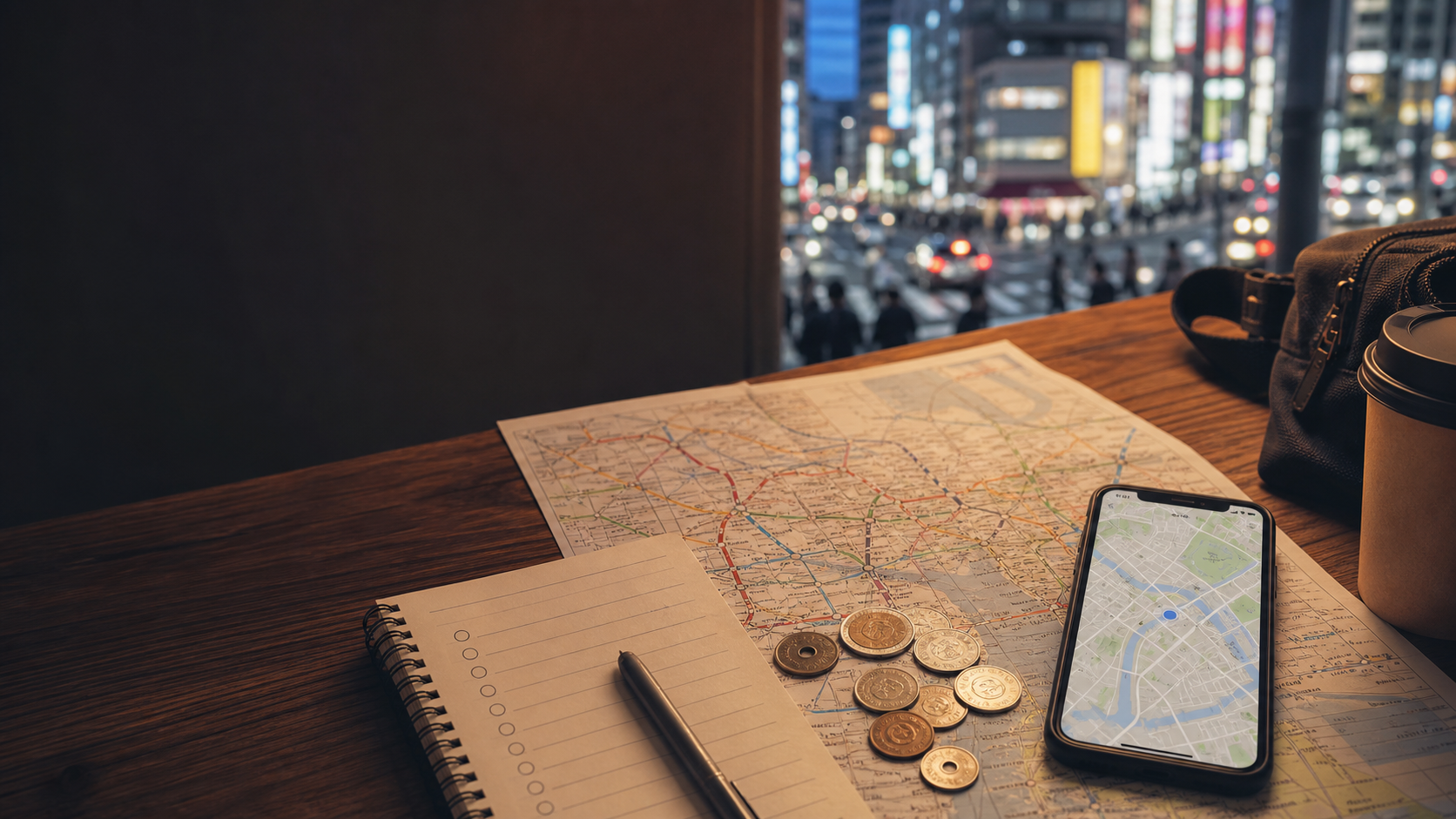 Japan travel planning table with map, coins, phone, and notebook