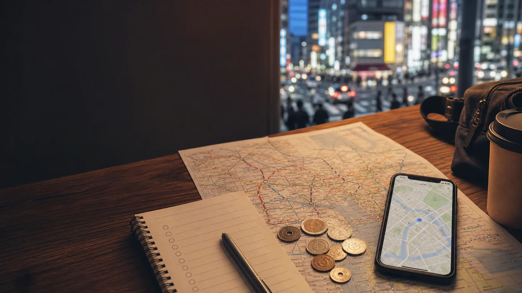 Japan travel planning table with map, coins, phone, and notebook