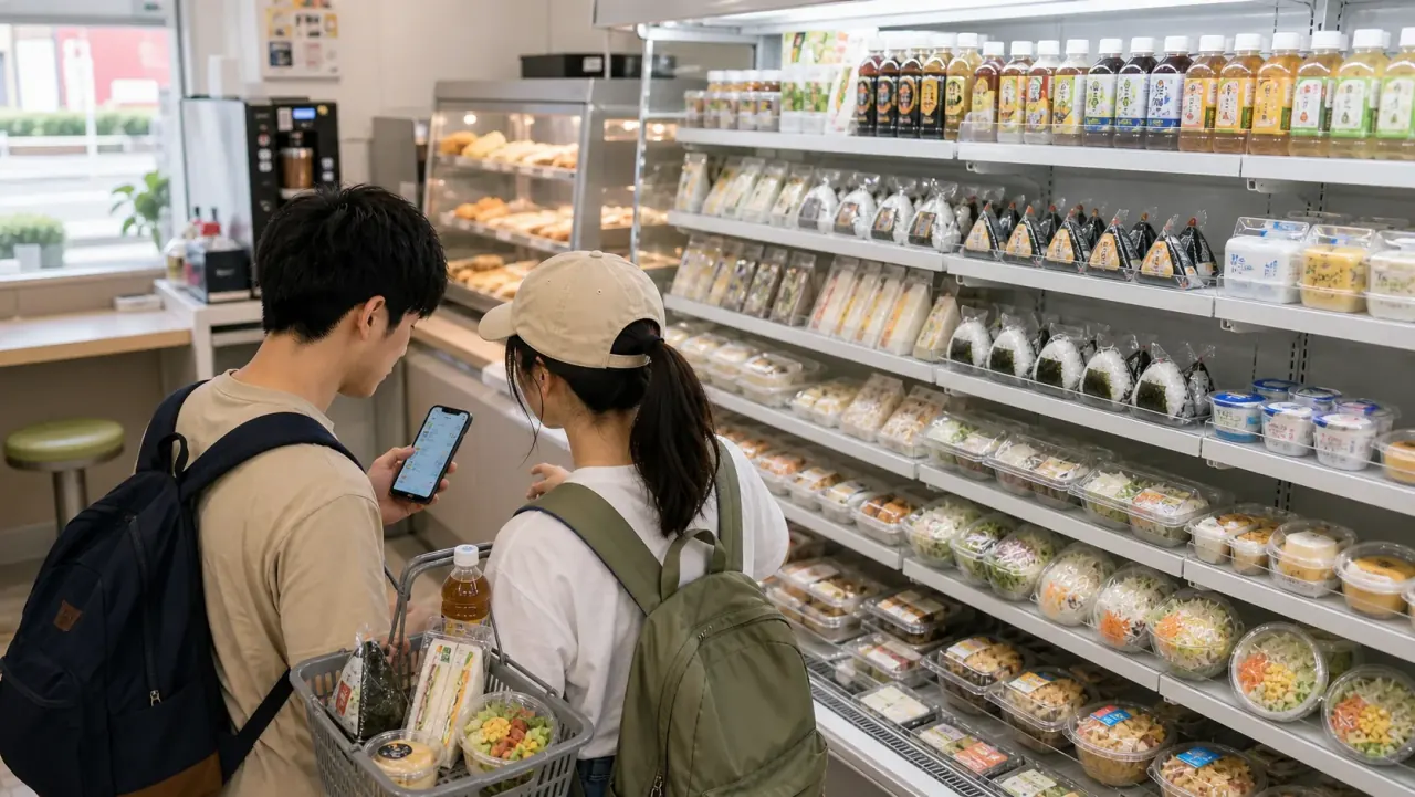 Budget travelers comparing rice balls, sandwiches, salads, and drinks in a Japanese convenience store
