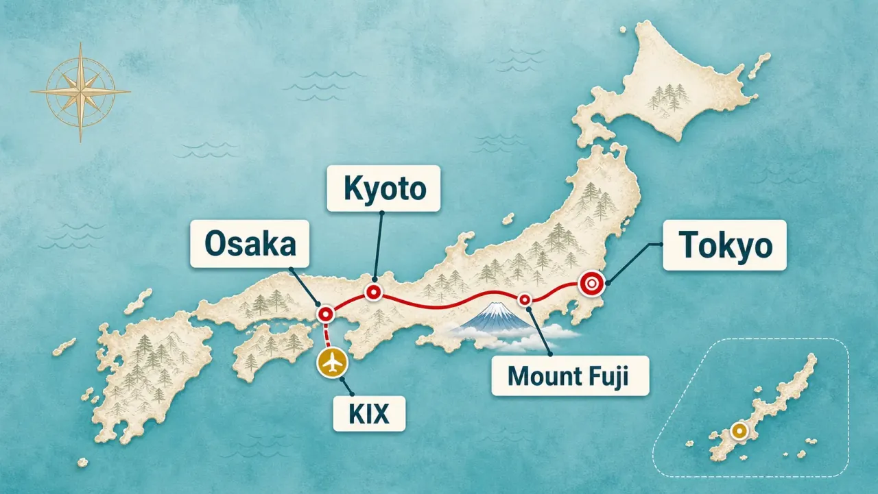 Illustrated Japan travel coverage map showing Tokyo, Mount Fuji, Kyoto, Osaka, and KIX on the first-trip route