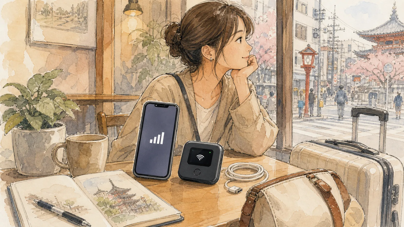 Traveler in a Tokyo cafe using a phone and pocket WiFi