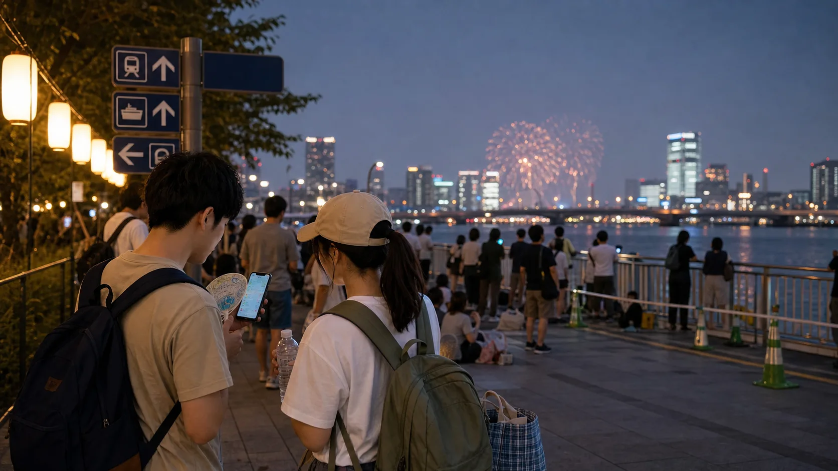 Budget travelers checking a route map near a Tokyo river fireworks festival