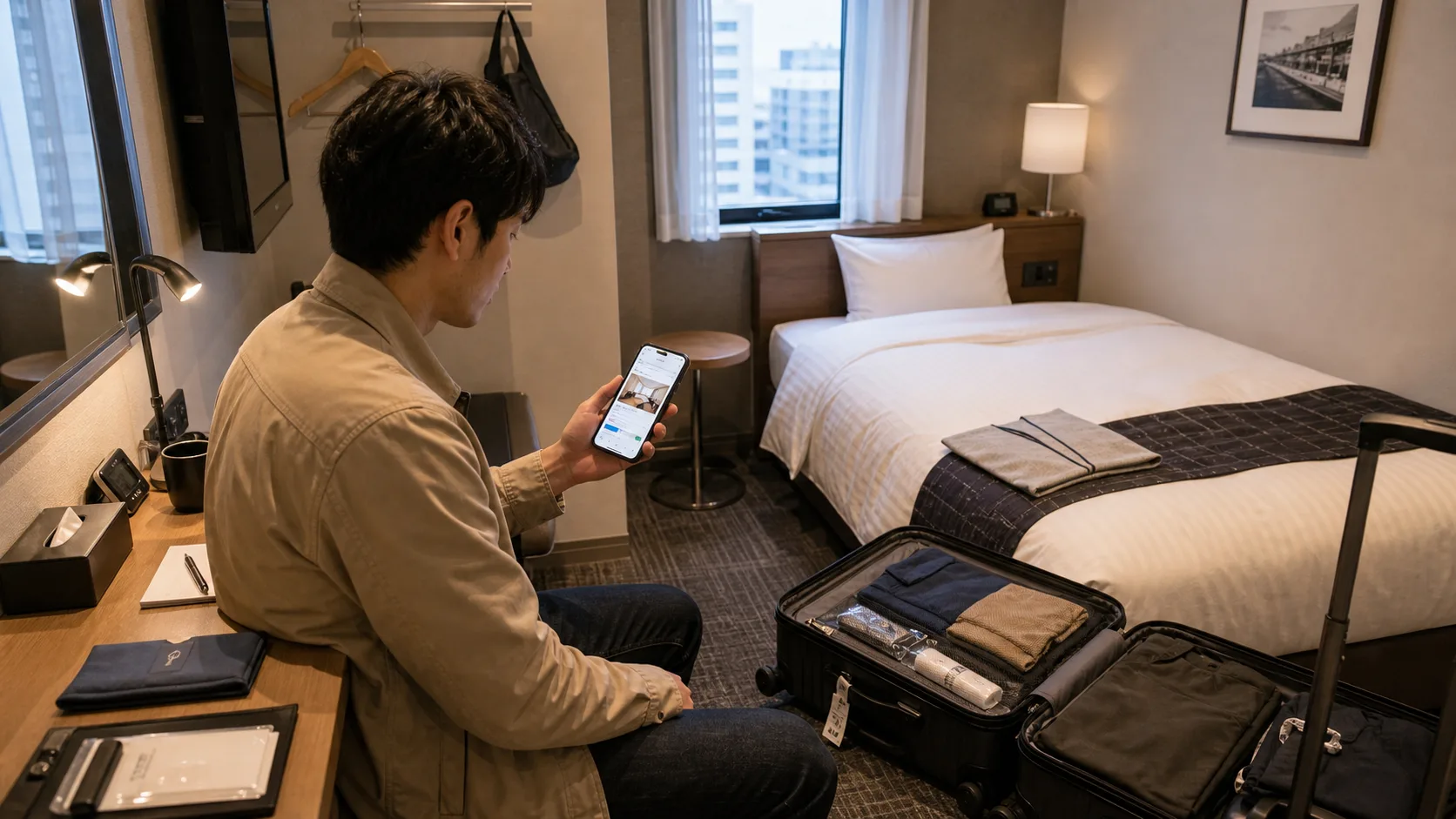 Traveler checking a compact Japanese hotel room before booking