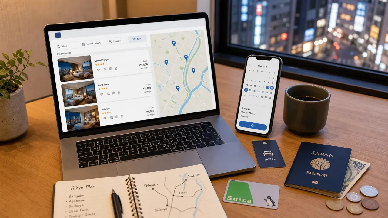 Laptop comparing Japan hotel search results with a map, calendar, passport, and yen on a hotel desk