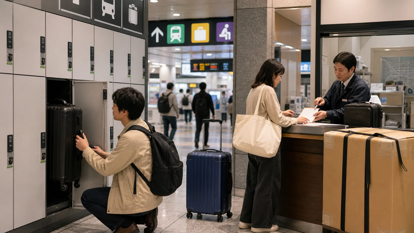 Travelers choosing station lockers or luggage delivery in Japan