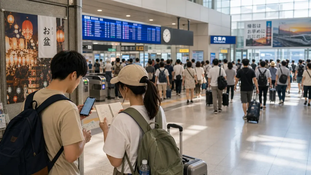 Budget travelers checking a route plan beside Obon posters in a busy Japanese station