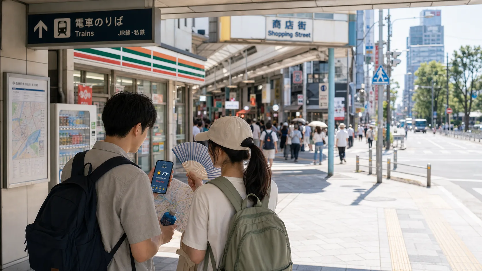 Budget travelers checking a summer heat forecast and route map in the shade near a Japan train station