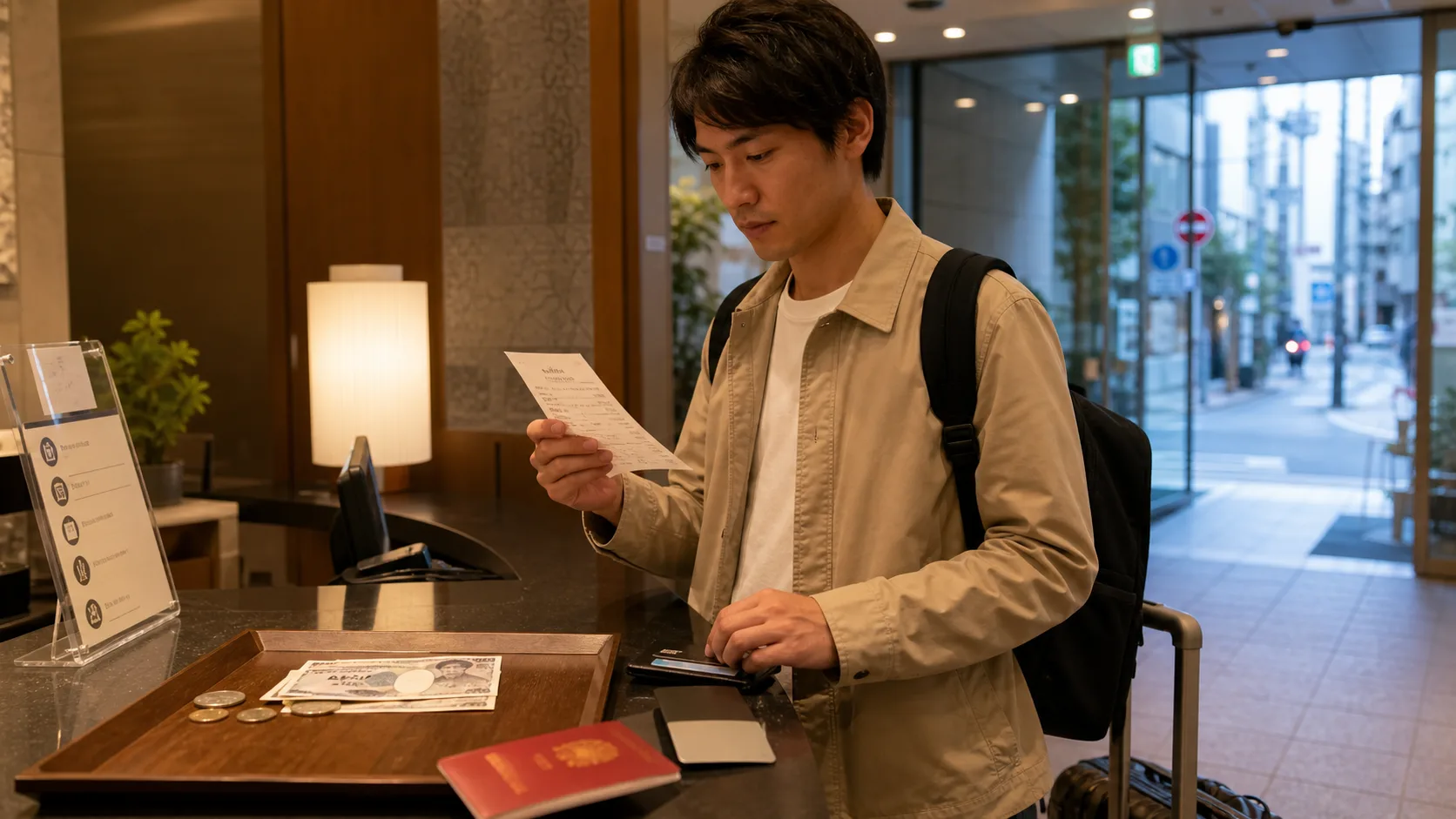 Traveler reviewing hotel checkout taxes and yen at a Japanese reception counter