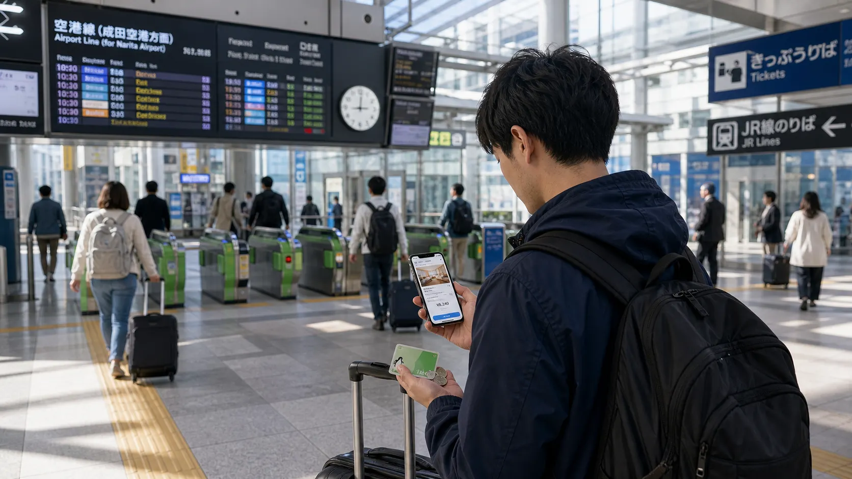 Traveler checking booking details in a busy Japanese station concourse