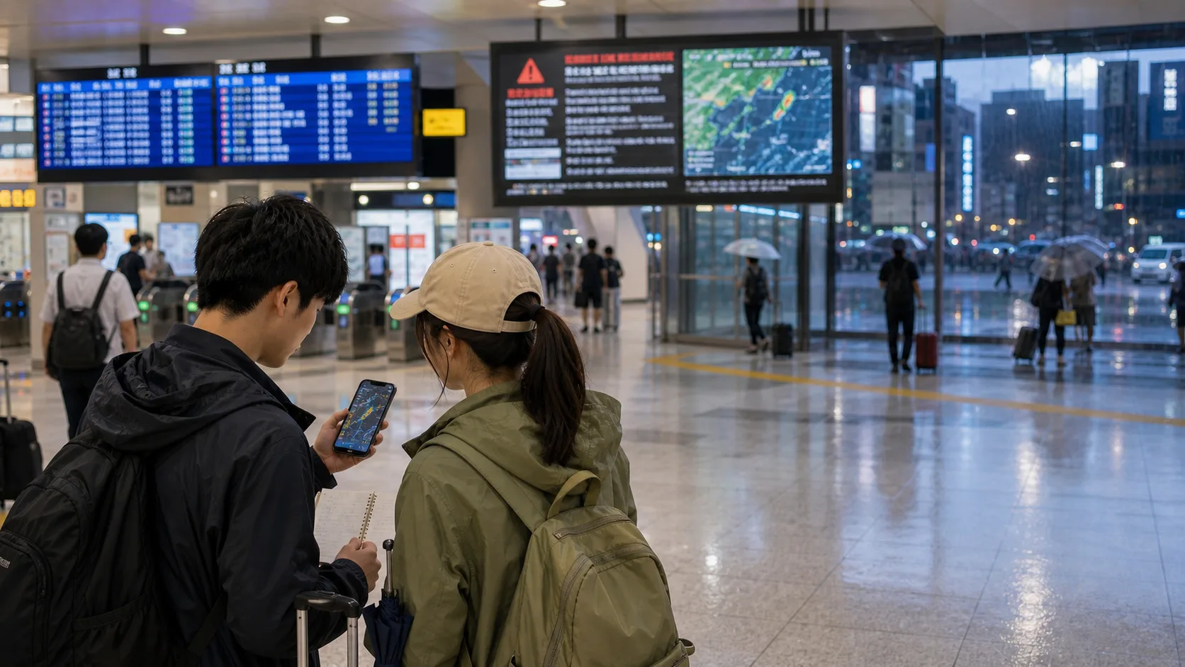 Budget travelers checking weather and train information in a rainy Japanese station