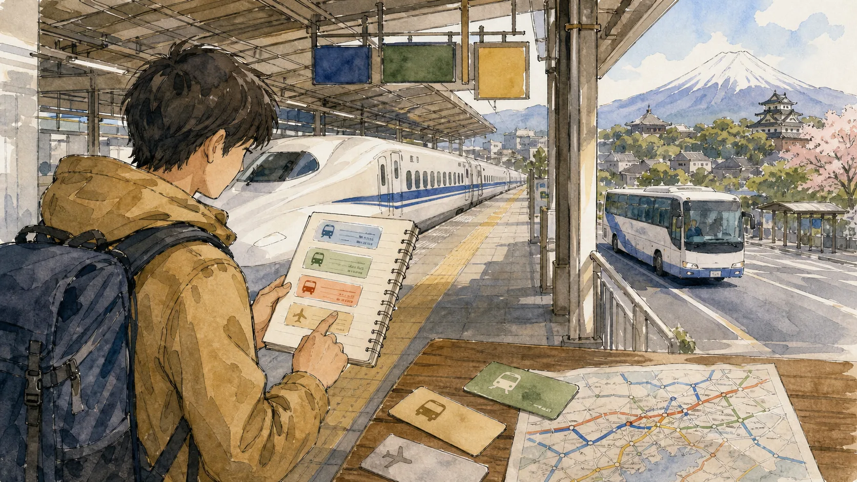 Japan transport comparison desk with rail map, IC card shape, bus card, flight card, and calculator
