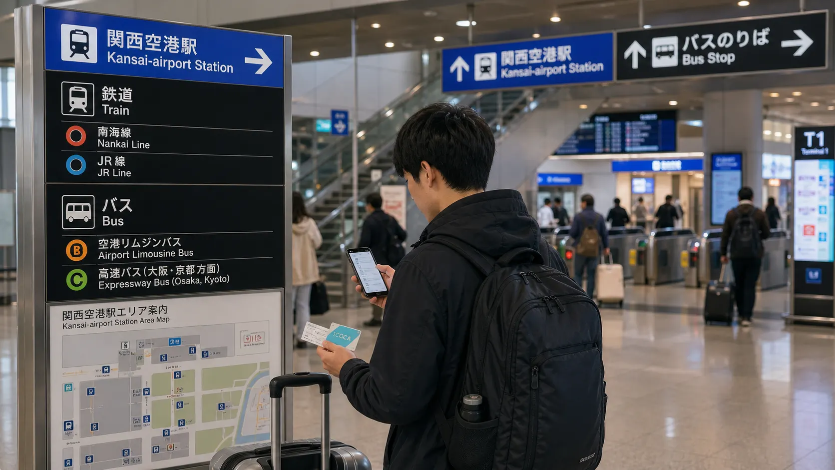 Traveler comparing train and bus options at Kansai Airport