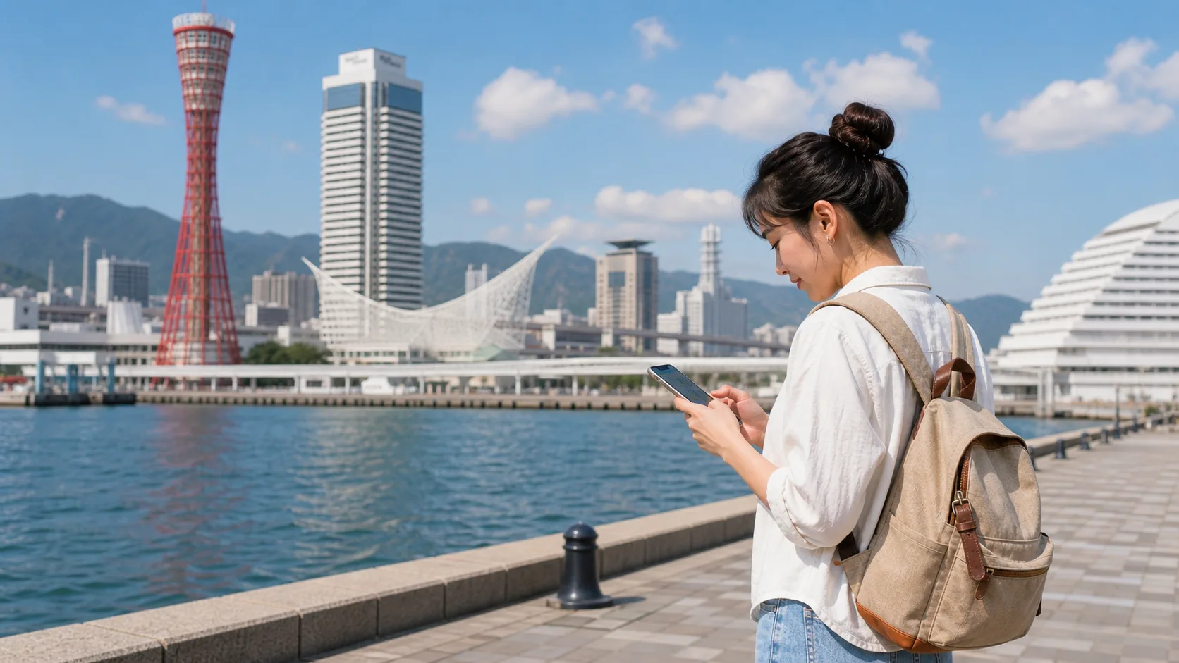 Traveler checking a phone map on the Kobe waterfront with Kobe Port Tower and harbor scenery