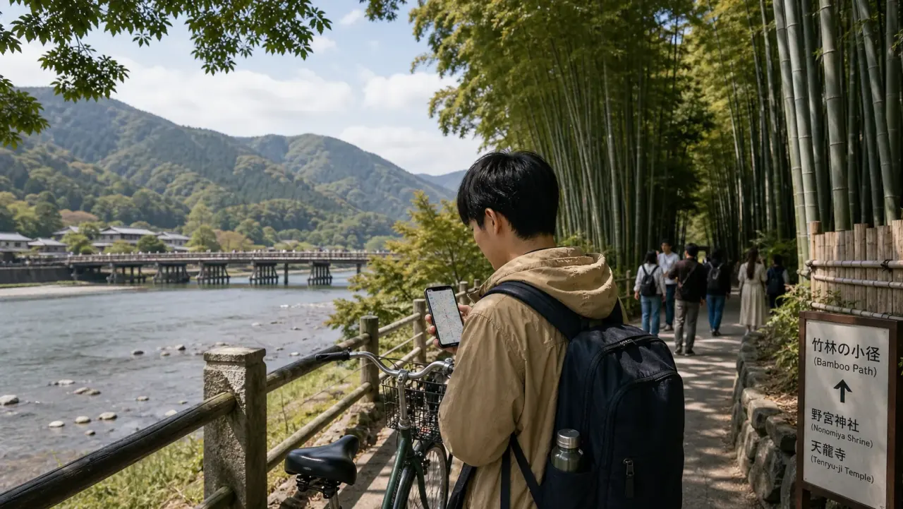 Traveler planning a route near Arashiyama bamboo and river scenery