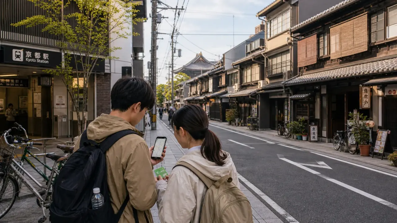 Travelers checking a Kyoto route near a traditional street and station entrance