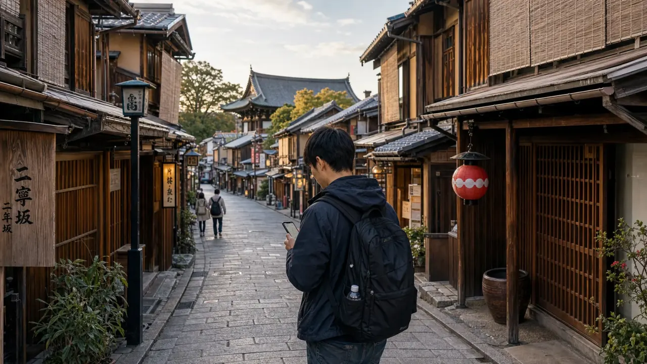 Traveler walking through a quiet Higashiyama and Gion street before crowds