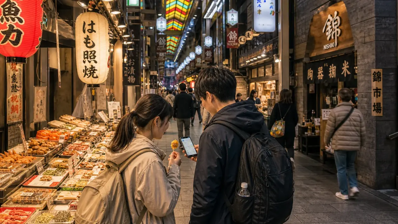 Travelers checking a route in a central Kyoto market and shopping street