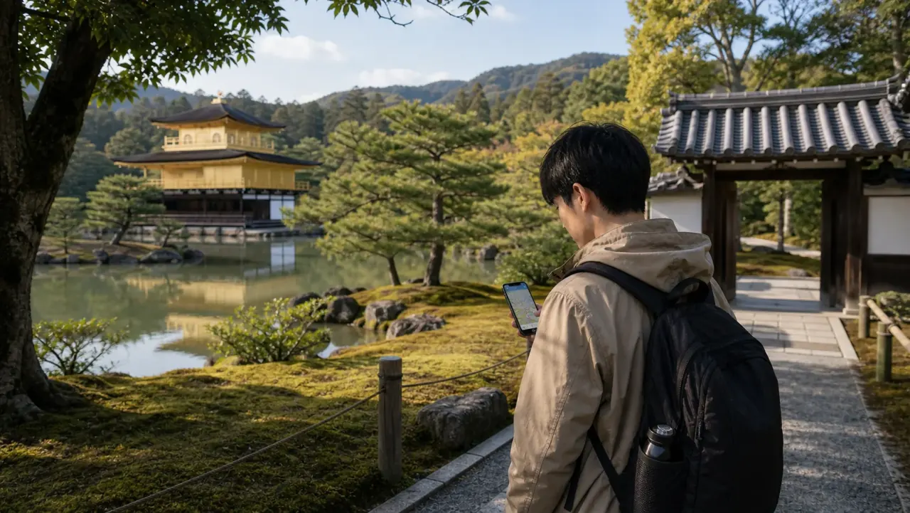 Traveler checking a walking route in a calm northern Kyoto temple area