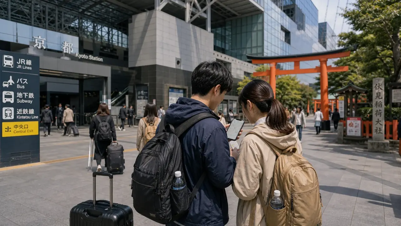 Travelers checking a route around Kyoto Station and southern Kyoto