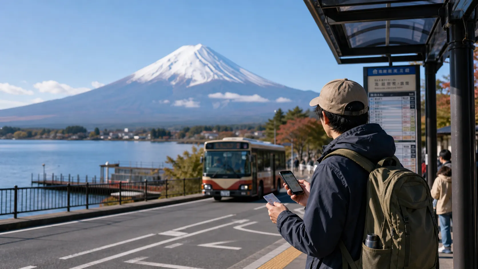 Traveler checking a bus route by Lake Kawaguchiko with Mount Fuji in view