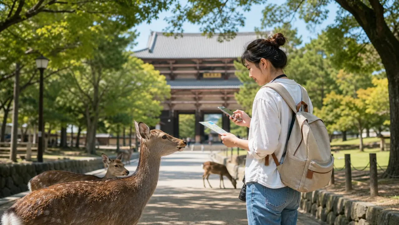 Traveler checking a map near deer and temple architecture in Nara Park