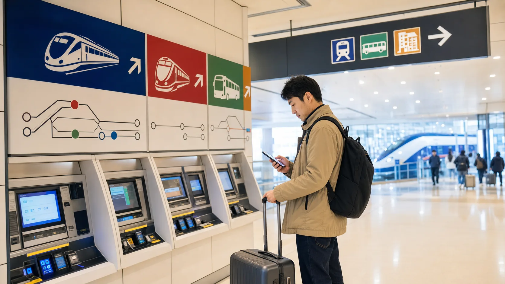 Traveler comparing train and bus ticket machines at Narita Airport