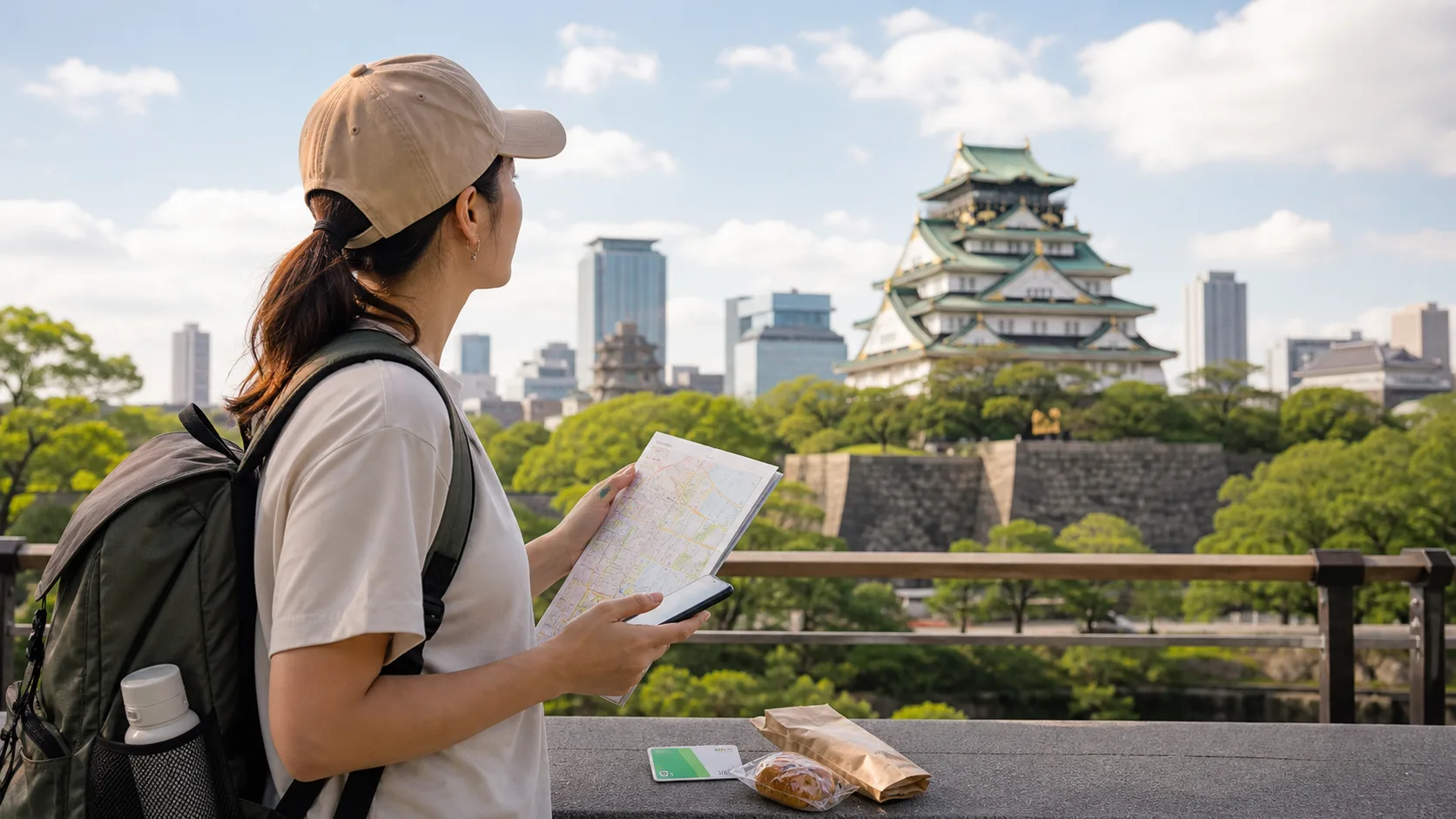 Traveler planning an Osaka route with Osaka Castle in the background
