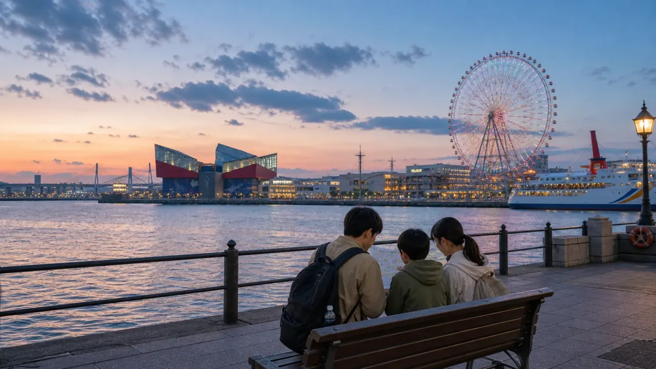 Travelers planning beside Osaka Bay with a ferris wheel and waterfront at sunset