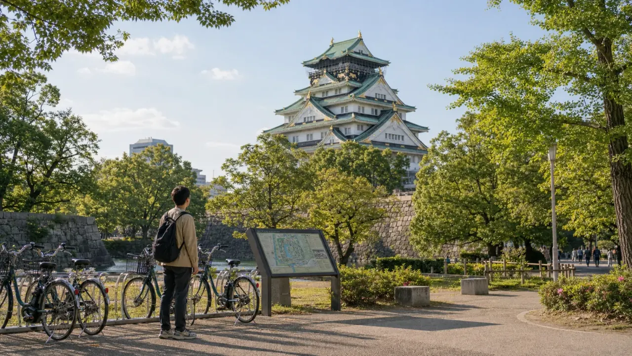 Traveler looking toward Osaka Castle from a park path with bicycles nearby