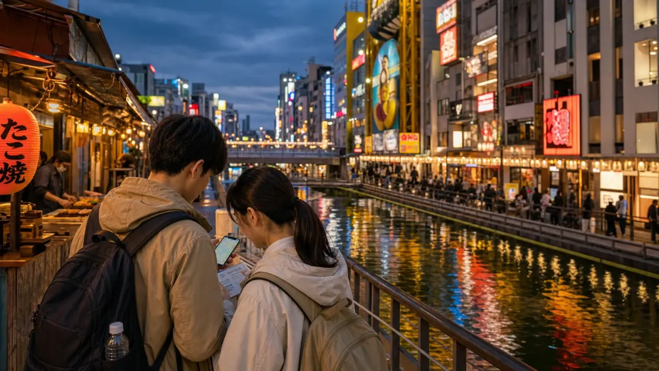 Travelers comparing a route beside the Dotonbori canal at night