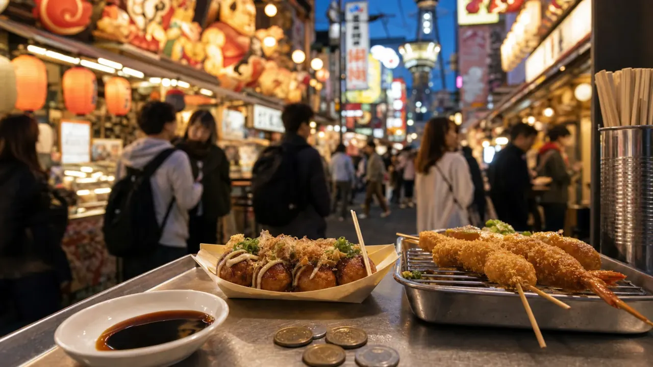 Takoyaki and kushikatsu-style snacks on a counter in an Osaka food street