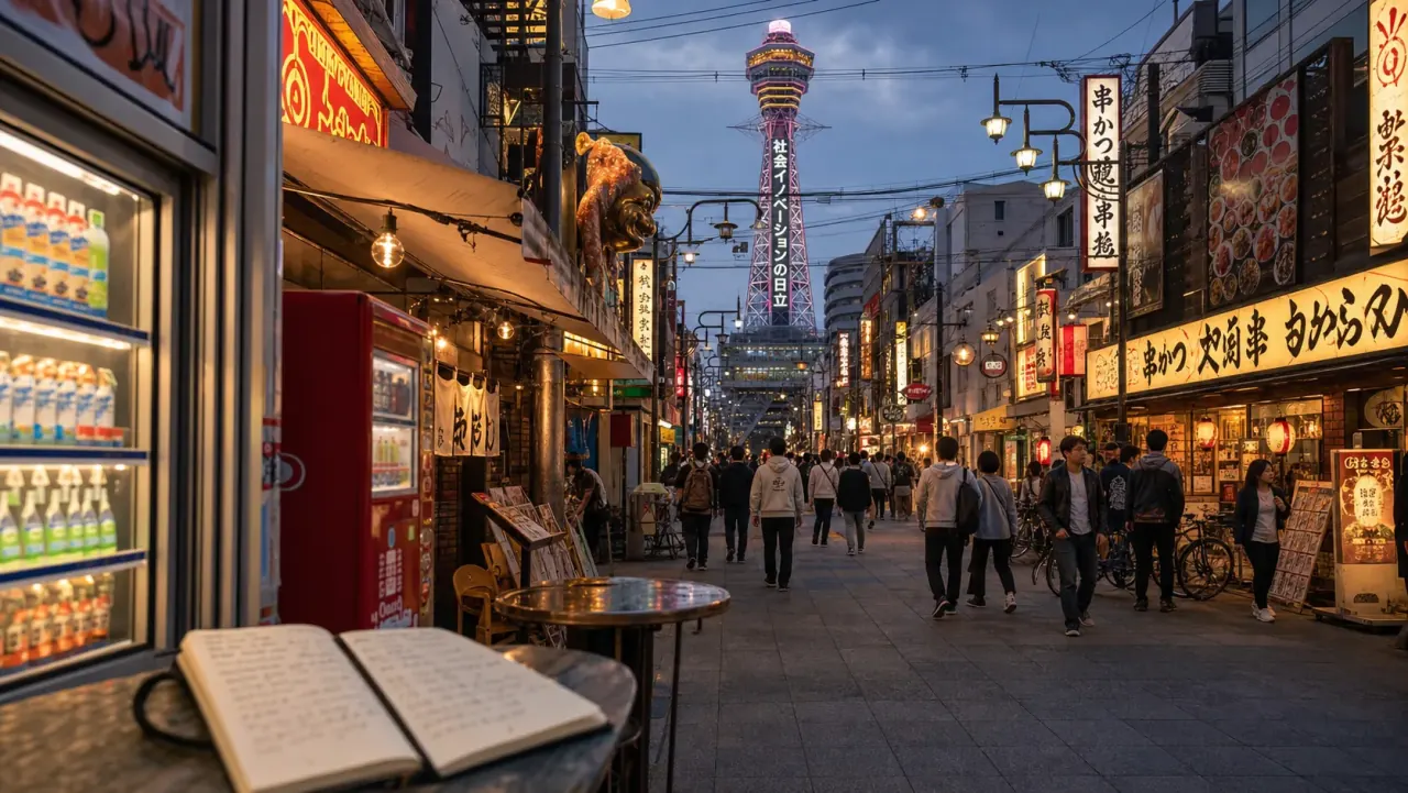 Shinsekai street with Tsutenkaku tower in the background at dusk
