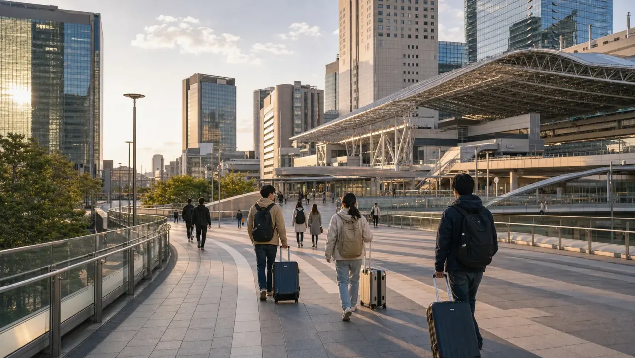 Travelers with luggage walking through a modern Umeda and Osaka Station pedestrian deck