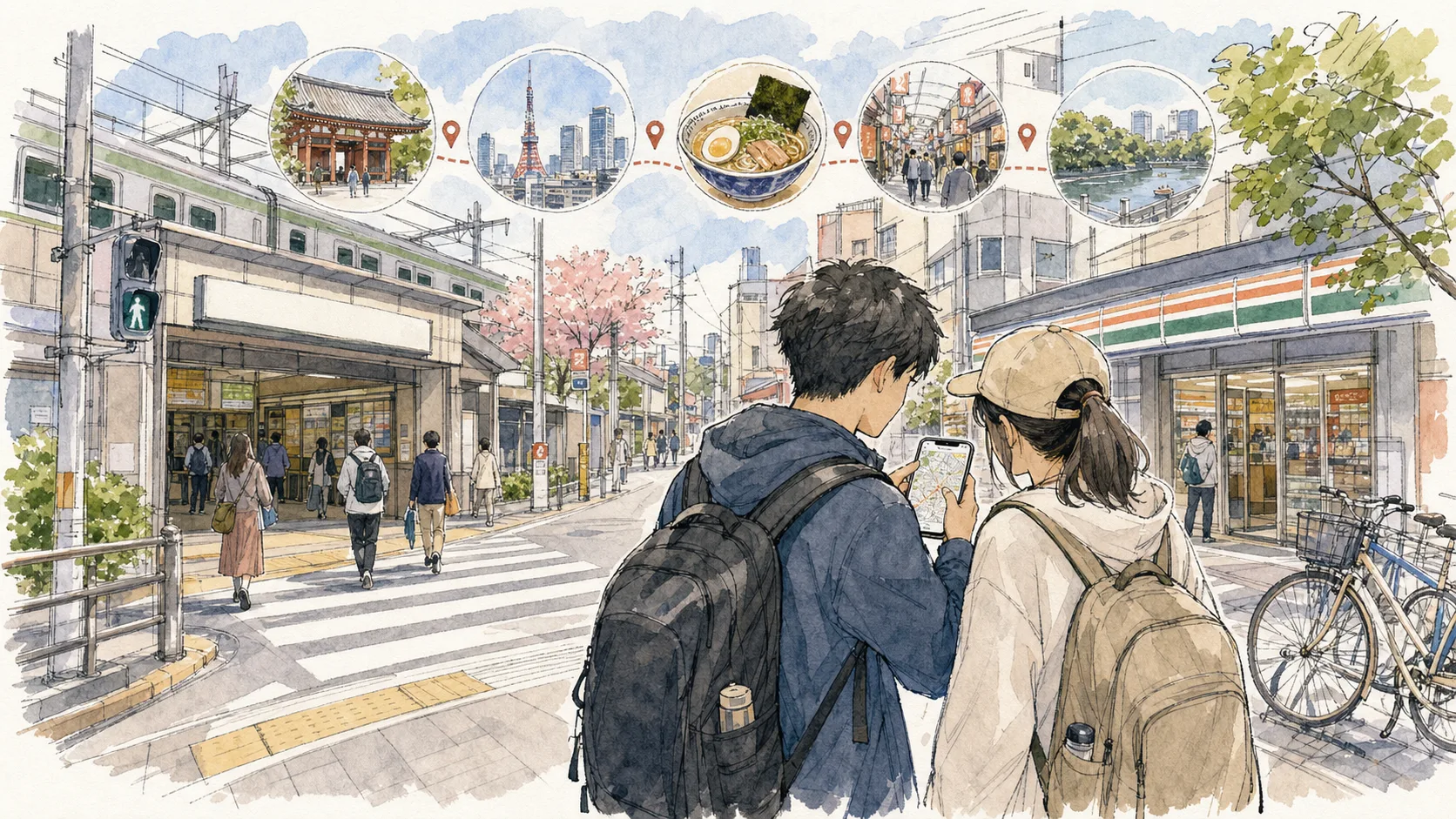 Tokyo itinerary planning desk with route map, transit card shapes, and travel items