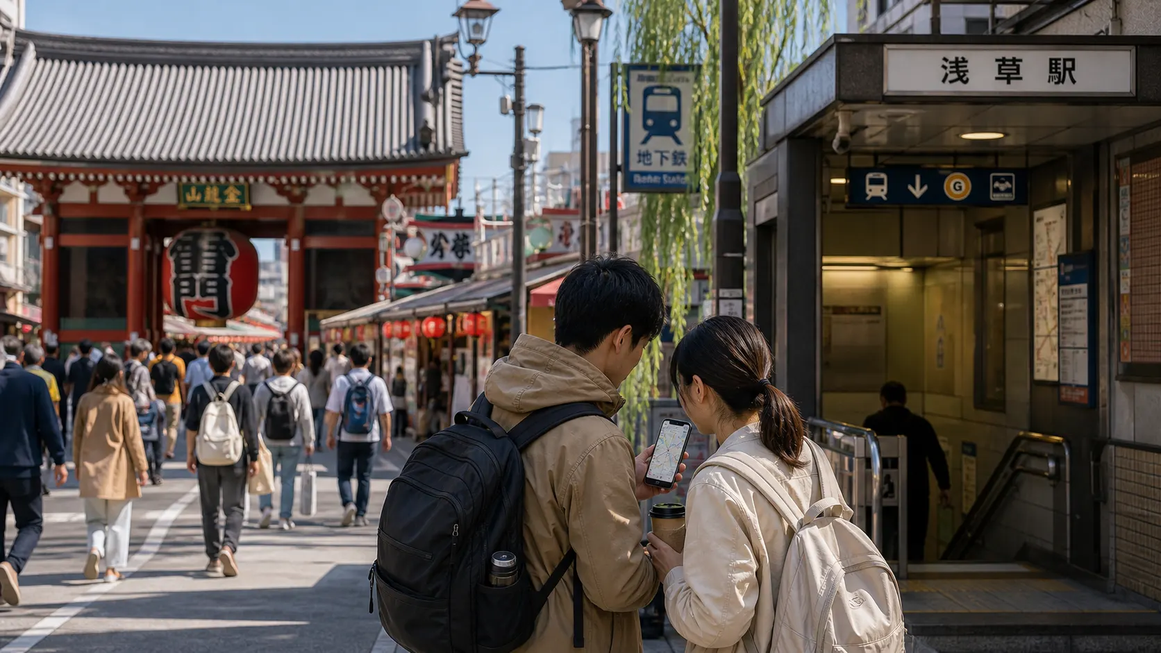 Travelers checking a route near Asakusa Station and Senso-ji