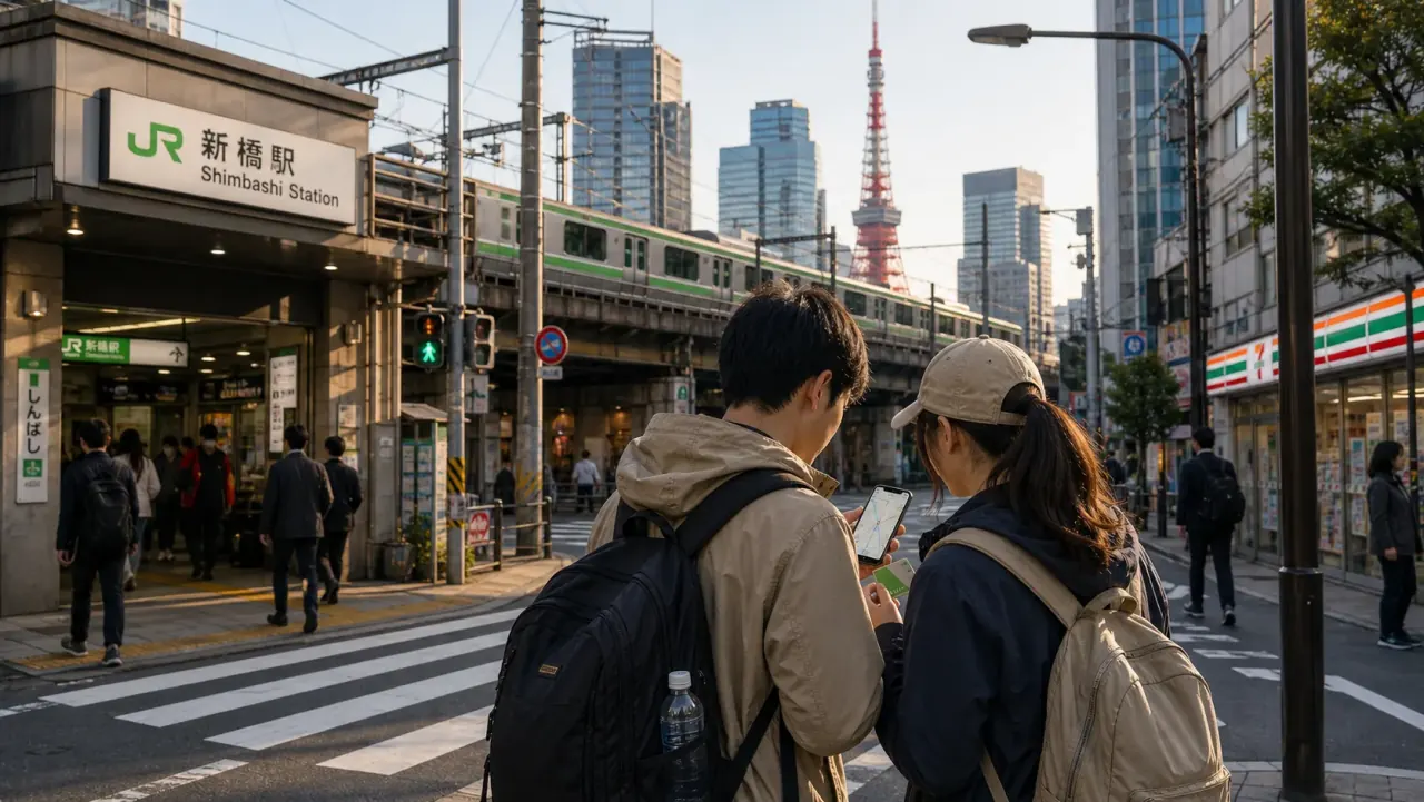 Travelers checking a Tokyo route near a train station with Tokyo Tower in the distance