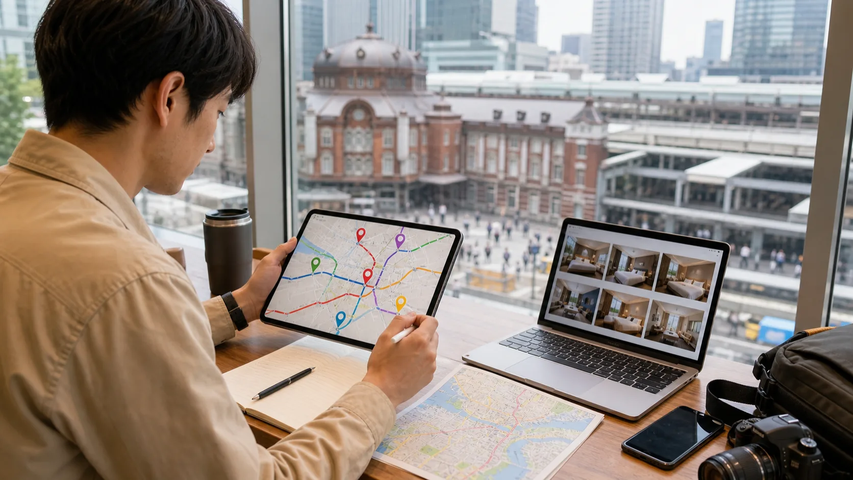 Traveler comparing Tokyo hotel areas on a map near Tokyo Station