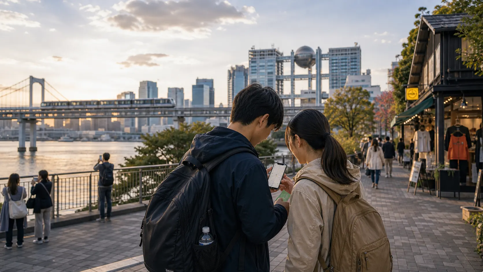 Travelers checking a route on the Tokyo waterfront near Odaiba
