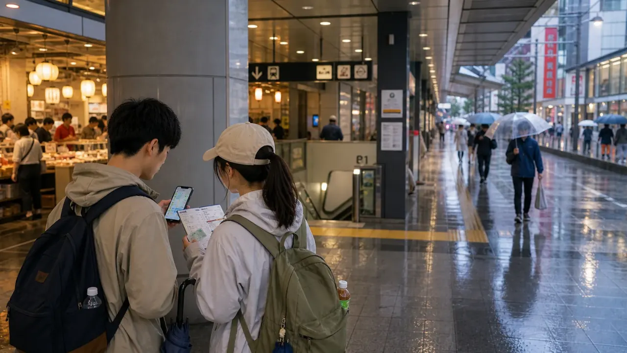Budget travelers planning a Tokyo rainy day route near a covered station entrance and food hall