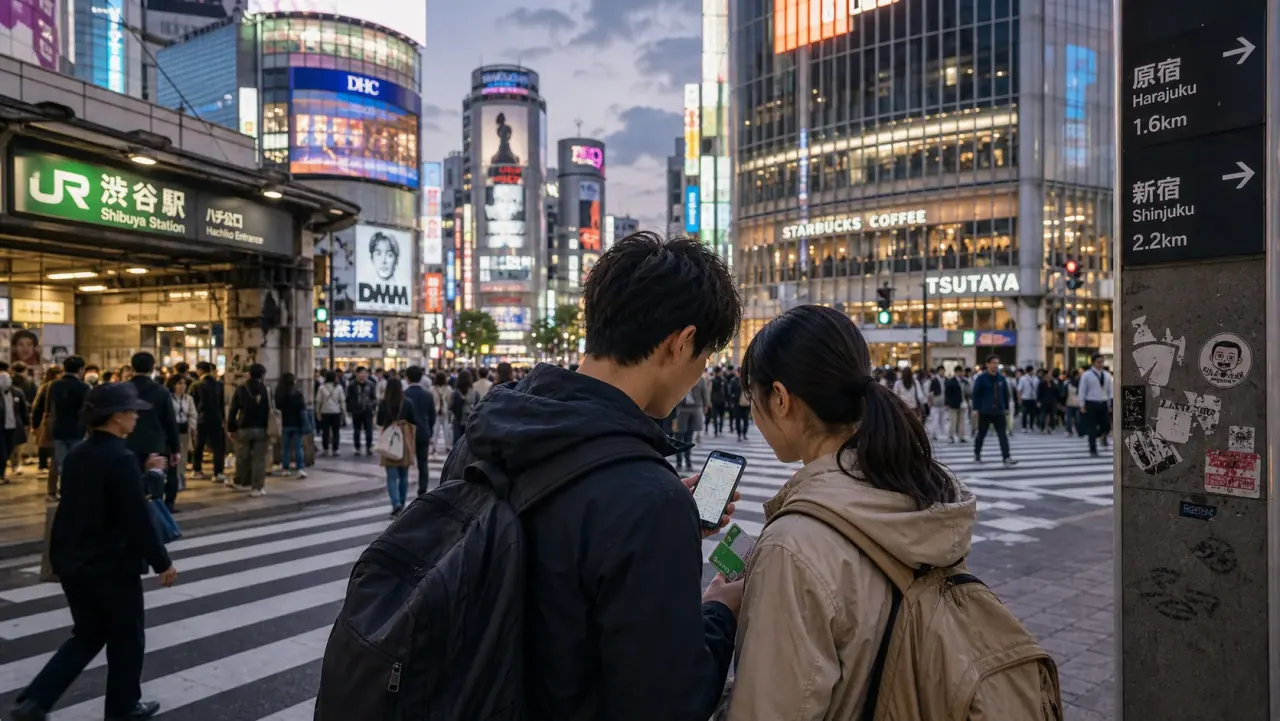 Travelers checking a route near Shibuya crossing at dusk