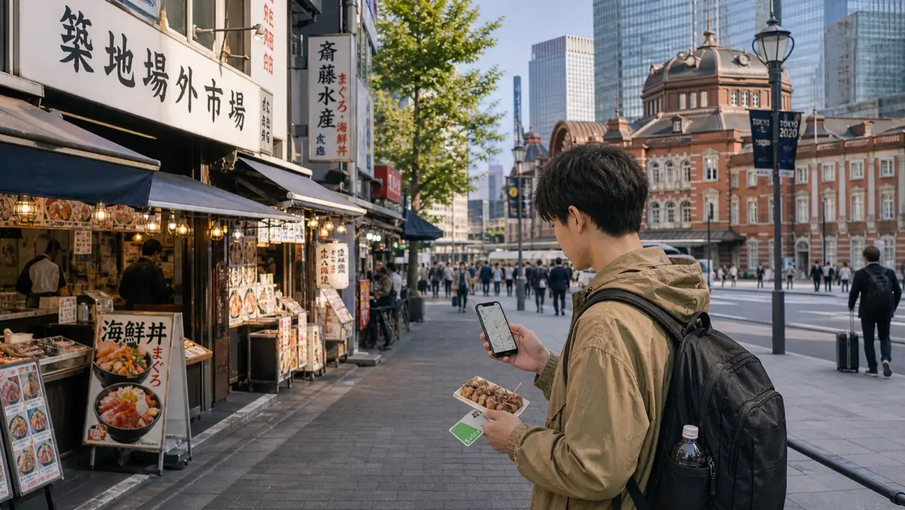 Traveler checking a map between Tsukiji food stalls and Tokyo Station