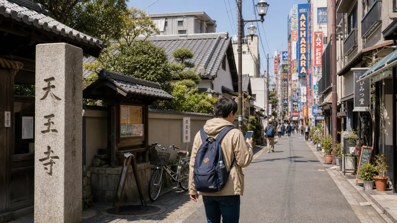 Traveler walking between a quiet old Tokyo street and Akihabara signs