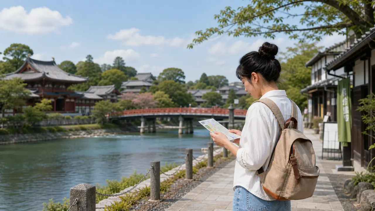 Traveler checking a map beside the Uji River near temples and tea shops